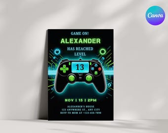 Video Game Birthday Invitation | Editable Gamer Party Invite | Neon Gamer Birthday Card | Printable Kids Party Invitation | Instant Download