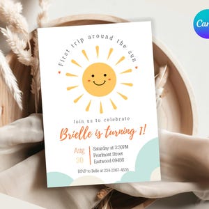 Editable Our Little Sunshine Birthday Invitation Sunshine Birthday Invitation Sun Invitation 1st First Trip Around the Sun Birthday Girl