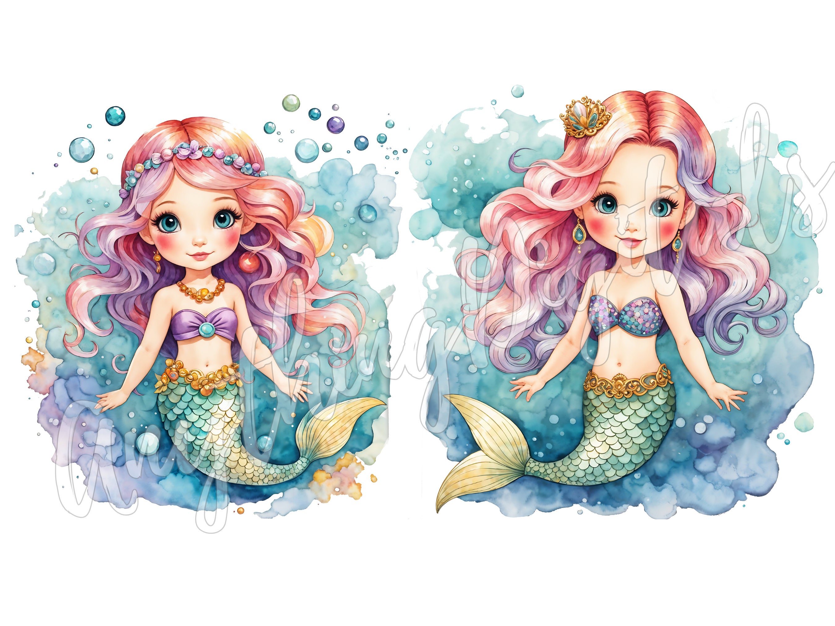 Mermaid Clipart Bundle Mermaid PNG Watercolor Cute Whimsical Mermaid ...