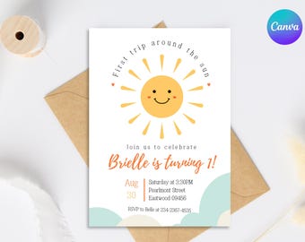Editable Sunshine 1st Birthday Invitation (Digital Download)