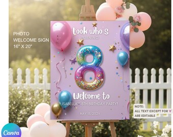 8th Birthday Welcome Sign Template | Number 8 Balloon Birthday Decor | Editable Kids Birthday Welcome Sign | Printable Party Sign