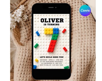 May include: A smartphone displays a birthday invitation. The invitation features the text "OLIVER IS TURNING" above a colorful number seven made of toy blocks. The invitation also includes the text "LET'S BUILD SOME FUN!"