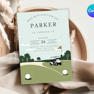 Invitación de cumpleaños de golf, Vamos a hacer par-tee, Invitación de cumpleaños de golf, Par-tee de golf, Fiesta de golf, Invitación para el décimo cumpleaños, Plantilla digital editable