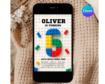 May include: A smartphone displays a birthday invitation. The design features a colorful number 6 made of toy blocks, with the name "OLIVER" at the top. The invitation includes event details and the phrase "LET'S BUILD SOME FUN!"