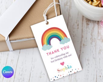 May include: Rainbow thank you tag with the text "Thank you for celebrating my 3rd birthday with me! Sophia" and a pink heart.