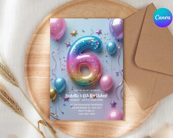 6th Birthday Invitation Girl Pink Pastel Six Birthday Editable Balloon Number 6 Party Invite Pink Purple Glitter Birthday Invitation