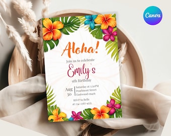 May include: Aloha! Join us to celebrate Emily's 9th Birthday. Saturday, August 30th at 1:30 PM. Pearlmont Street, Eastwood 09436. RSVP to Belle at 234-2367-4535. Tropical floral birthday party invitation.