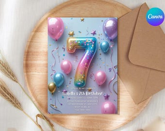 May include: A birthday invitation card with a light blue background, featuring a large, colorful number 7. Pink, blue, and gold balloons and stars decorate the card. Text reads "Isabella's 7th Birthday!" with event details.