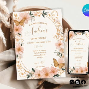 Gold Quinceañera Video Invite Quince Invitation Animated Invitation Sweet 15 Birthday Gold Pink Floral Butterfly Princess Quinceanera Invite