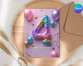 4th Birthday Invitation Girl Pink Pastel Fourth Birthday Editable Balloon Number 4 Party Invite Pink Purple Glitter Birthday Invitation