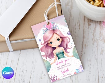 Etiqueta de agradecimiento de sirena Etiquetas de recuerdo de cumpleaños de sirena Etiquetas de regalo bajo el mar Recuerdos de fiesta Etiqueta de agradecimiento de cumpleaños de sirena bajo el mar editable