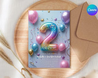 2nd Birthday Invitation Girl Pink Pastel Second Birthday Editable Balloon Number 2 Party Invite Purple Pink Glitter Birthday Invitation