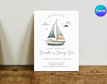 Sailboat 1st Birthday Invitation, Nautical Theme (Editable Canva Template)