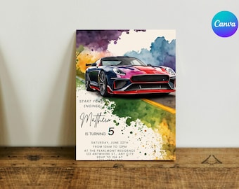 May include: A colorful birthday invitation with a watercolor background featuring a blue sports car. The text reads "Start your engines, Matthew is turning 5. Saturday, June 22th from 10am to 12pm at the Pearlmont Residence, 123 Anywhere St., Any City. RSVP to Isa at..."