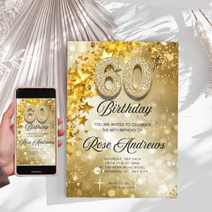 Digital 60th Birthday Invitation for Women 60th Invite Virtual Gold Sixty Party Invite 60 Invite Ecard Animated Birthday Invite For Her