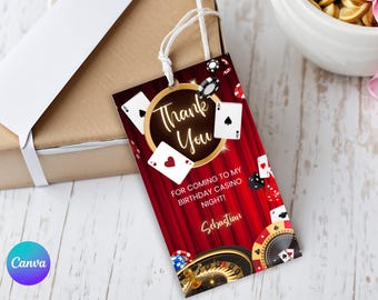 May include: A casino-themed gift tag with a red curtain background, playing cards, and casino chips. The tag says "Thank You" and "For coming to my birthday casino night!" with a name at the bottom. A gift box is in the background.