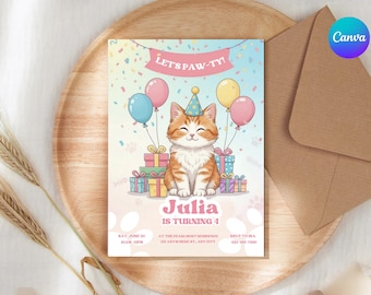 Bewerkbare Kitty Cat verjaardagsuitnodiging | Kids Cat Party Card (digitale download)