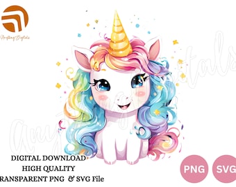 Imágenes prediseñadas de unicornio bebé arcoíris: Lindo PNG SVG en tonos pastel (Descarga digital)