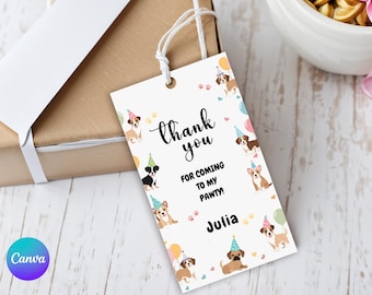 Sjabloon bedankkaartje hond verjaardagsbedankje puppy bedankkaartje moderne hond thema verjaardag puppy Pawty bedankkaartjes hond themafeest goodiebaglabel