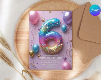 6th Birthday Invitation Girl Pink Pastel Six Birthday Editable Balloon Number 6 Party Invite Pink Purple Glitter Birthday Invitation