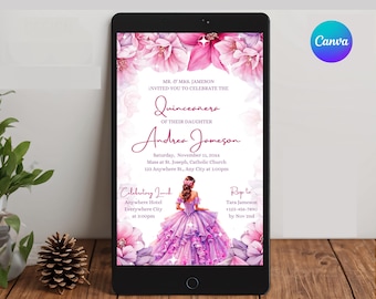 Blush rosa Blumen Quinceamaßa Einladungsvorlage (Digitaler Download)