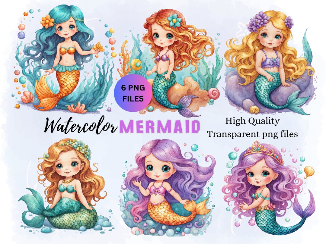 Mermaid PNG Mermaid Clipart Bundle Watercolor Cute Whimsical Underwater ...