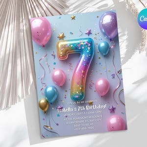 7th Birthday Invitation Girl Pink Pastel Seventh Birthday Editable Balloon Number 7 Party Invite Pink Purple Glitter Birthday Invitation