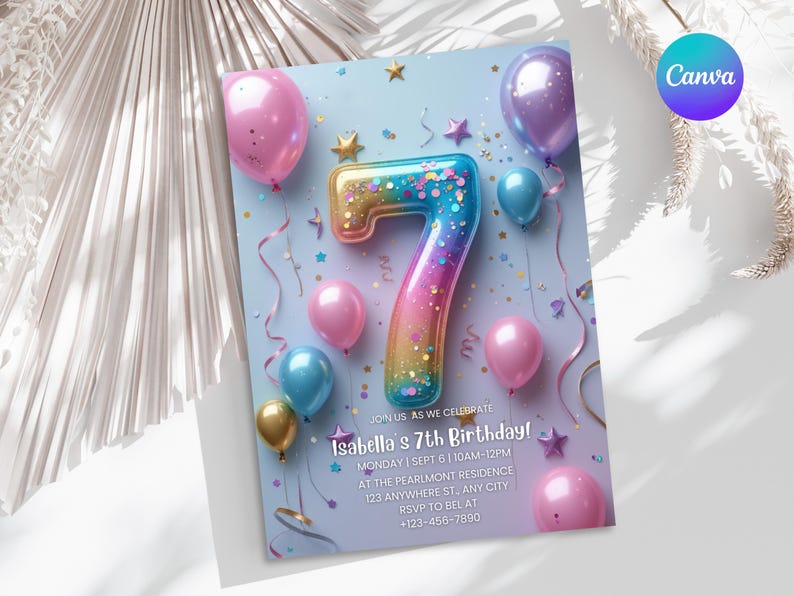 7th Birthday Invitation Girl Pink Pastel Seventh Birthday Editable Balloon Number 7 Party Invite Pink Purple Glitter Birthday Invitation