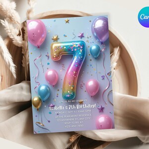 7th Birthday Invitation Girl Pink Pastel Seventh Birthday Editable Balloon Number 7 Party Invite Pink Purple Glitter Birthday Invitation