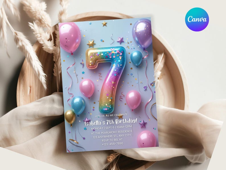 7th Birthday Invitation Girl Pink Pastel Seventh Birthday Editable Balloon Number 7 Party Invite Pink Purple Glitter Birthday Invitation