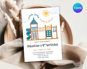 Playground Birthday Invitation Template | Editable Park Party Invite | Outdoor Kids Birthday Card | Run Jump Slide Play Digital Download