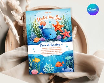 Invitación de cumpleaños bajo el mar, invitación editable para fiesta de cumpleaños en el océano, temática de sirena y animales marinos, cumpleaños infantil, imprimible, descarga digital