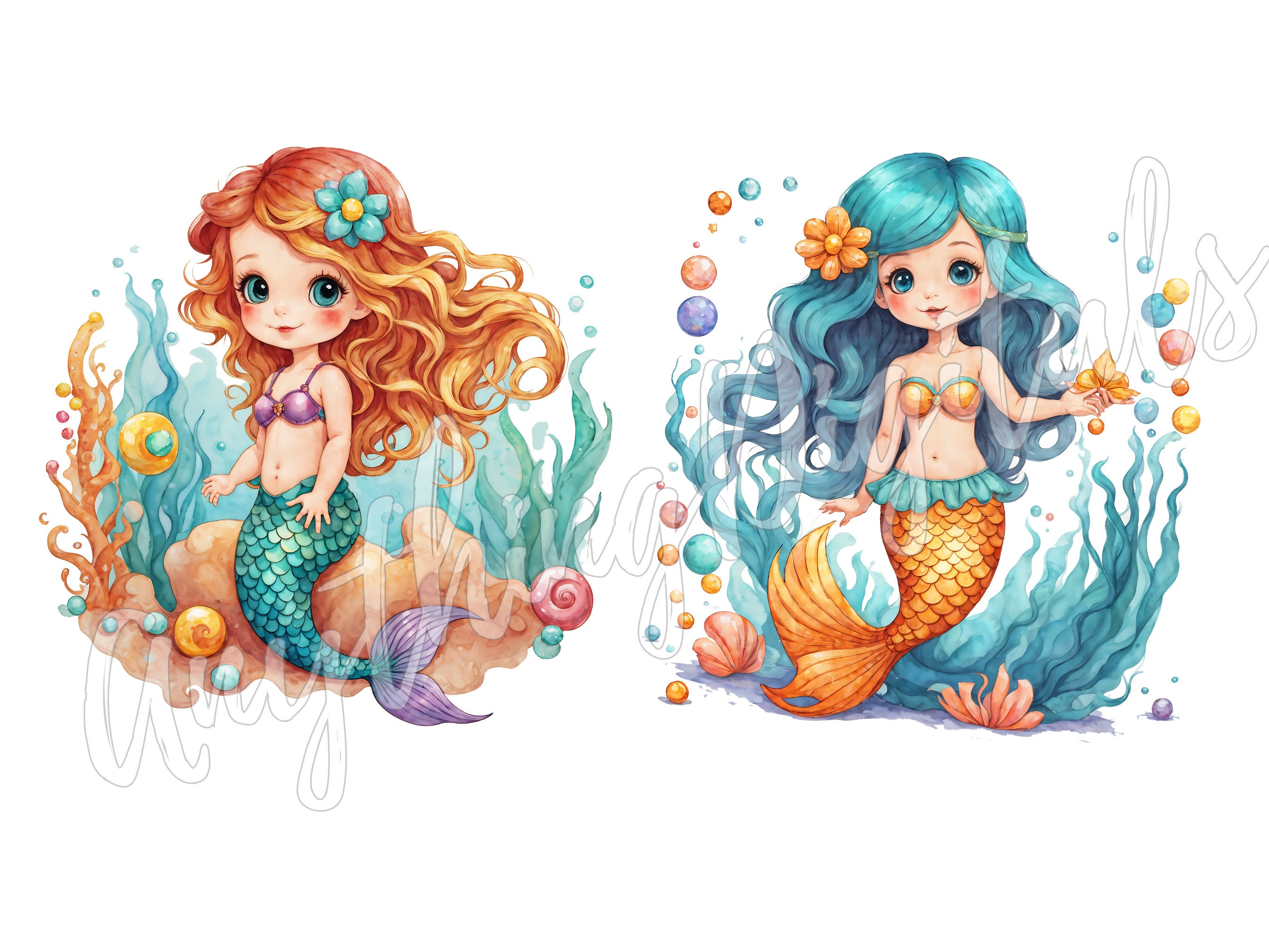 Mermaid PNG Mermaid Clipart Bundle Watercolor Cute Whimsical Underwater ...
