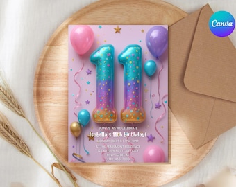 11th Birthday Invitation Girl Pink Pastel Eleven Birthday Editable Balloon Number 11 Party Invite Pink Purple Glitter Birthday Invitation