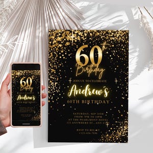 Digital 60th Birthday Invitation for Men 60th Invite Virtual Gold Sixty Party Invite 60 Invite Ecard Animated Birthday Invite For Him
