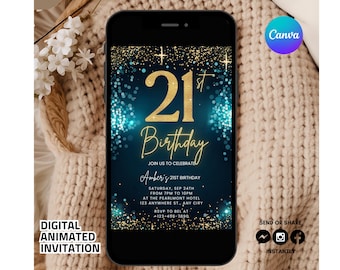 Digital 21st Birthday Invitation Template 21st Electronic Birthday Invite Sparkling Gold Birthday Invitation Editable Text Animated Evit
