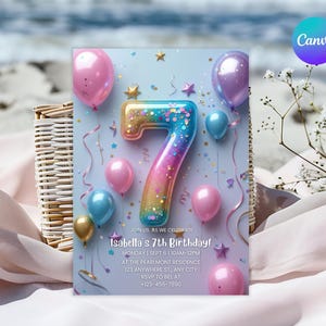 7th Birthday Invitation Girl Pink Pastel Seventh Birthday Editable Balloon Number 7 Party Invite Pink Purple Glitter Birthday Invitation