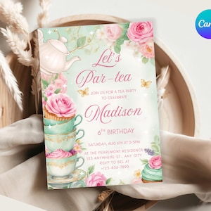 Tea Party Birthday Invitation Template  Editable Floral Tea Party Invite Vintage Garden Birthday Card | 5x7 Printable Digital Download
