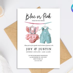 Editable Pink and Blue Baby Clothes Gender Reveal Invitation Clothesline Gender Reveal Party Invite He or She What Will Baby Be? Template