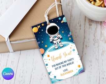 May include: A blue and yellow thank you tag with a cartoon astronaut in a white spacesuit standing on a planet. The tag says "Thank You! For making my party out of this world! Love, Alexander."
