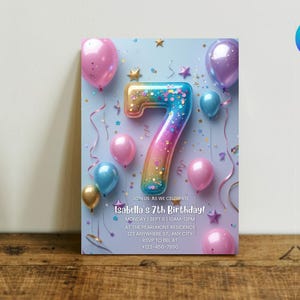 7th Birthday Invitation Girl Pink Pastel Seventh Birthday Editable Balloon Number 7 Party Invite Pink Purple Glitter Birthday Invitation