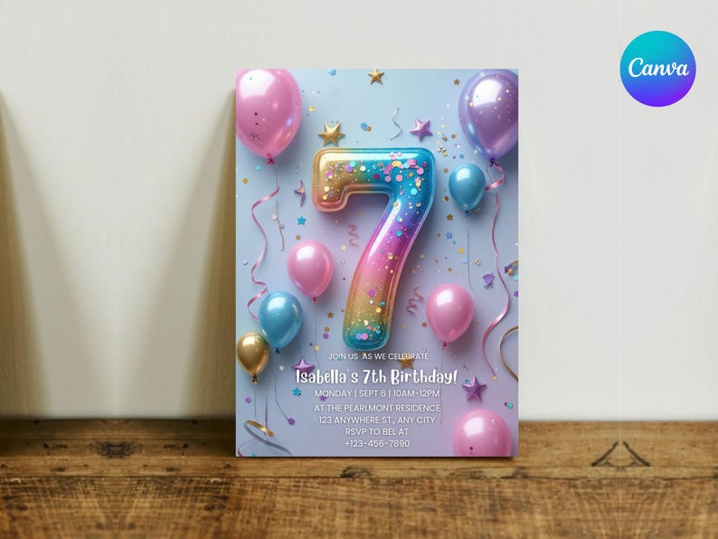 7th Birthday Invitation Girl Pink Pastel Seventh Birthday Editable Balloon Number 7 Party Invite Pink Purple Glitter Birthday Invitation