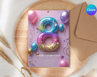 8th Birthday Invitation Girl Pink Pastel Eight Birthday Editable Balloon Number 8 Party Invite Pink Purple Glitter Birthday Invitation