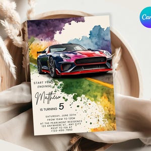 Invitation de fête d'anniversaire de voiture de course, invitation de voitures chaudes, 5e anniversaire de voiture de course, carte d'anniversaire pour enfants, voitures cool en téléchargement numérique, modifiable