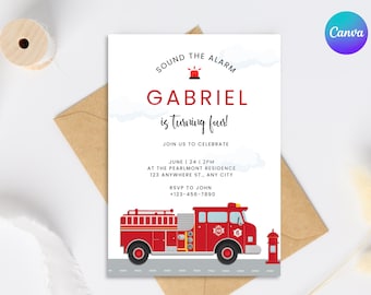 May include: A red fire engine with a white ladder and a black number 6 on the side. The engine is on a grey road with a white fire hydrant on the right. The text on the invitation reads "Sound the Alarm Gabriel is turning four!" with a red fire alarm icon above the text. The invitation also includes the date, time, location, and RSVP information.