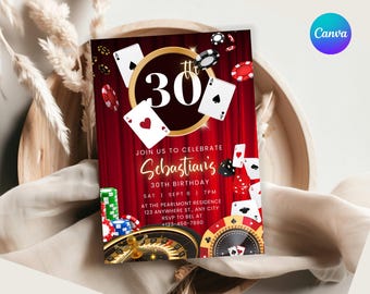 Szablon zaproszenia na urodziny w kasynie Zaproszenie na imprezę w Las Vegas 21., 30., 40., 50. wieczór pokerowy Urodziny Wieczór kasynowy Karta emerytalna w kasynie