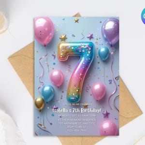 7th Birthday Invitation Girl Pink Pastel Seventh Birthday Editable Balloon Number 7 Party Invite Pink Purple Glitter Birthday Invitation