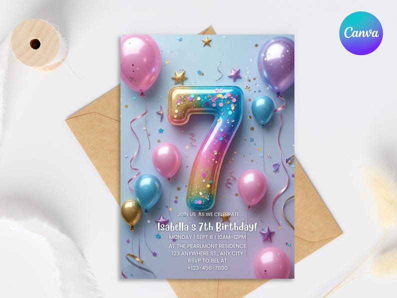 7th Birthday Invitation Girl Pink Pastel Seventh Birthday Editable Balloon Number 7 Party Invite Pink Purple Glitter Birthday Invitation