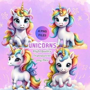 Cute Rainbow Unicorn Clipart Bundle Unicorn PNG Watercolor Unicorn Graphics Printable Baby Unicorn Clipart Unicorn Png Bundle Kawaii Unicorn