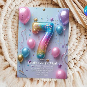 7th Birthday Invitation Girl Pink Pastel Seventh Birthday Editable Balloon Number 7 Party Invite Pink Purple Glitter Birthday Invitation